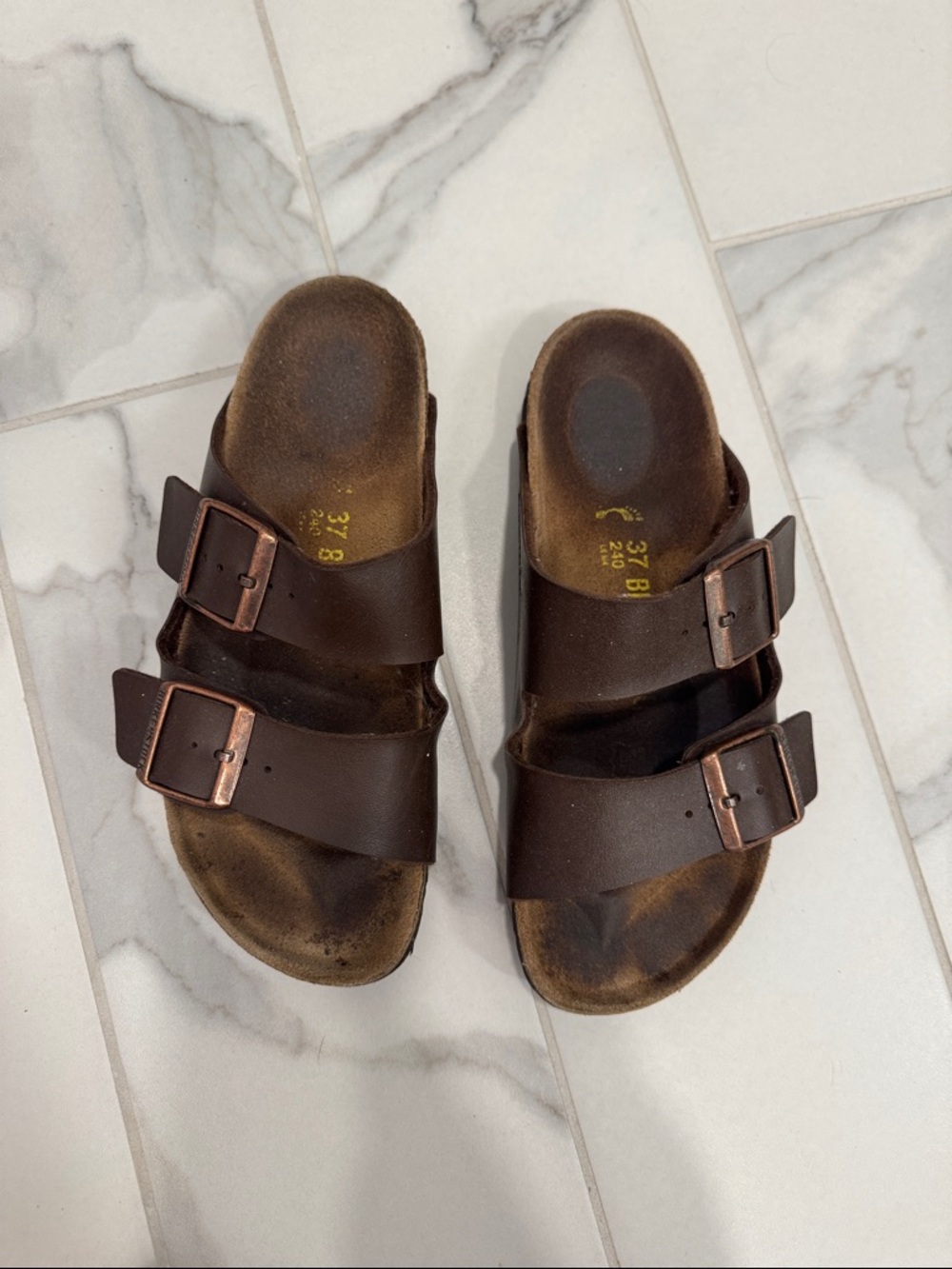 Birkenstock Leather Double-Buckle Brown Slide Sandals